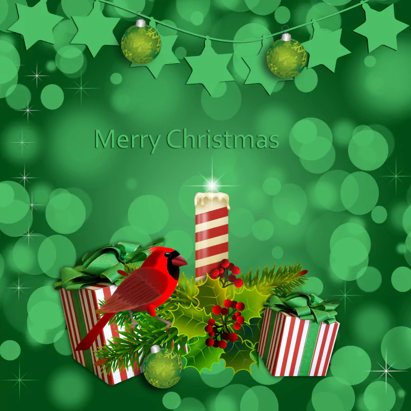 Green holiday Christmas decoration with bokeh background: star garland and ornaments, a striped candle amid holly and gifts, and a red cardinal beside Merry Christmas text.