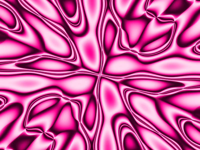 Colorful abstract kaleidoscope of glossy pink and magenta shapes radiating from a central cross, fluid mirrored folds and swirling contours.