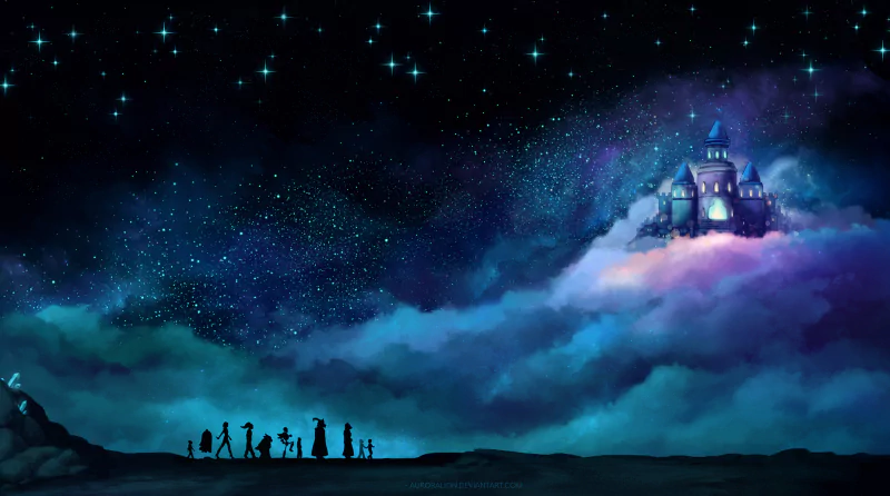 A starry night sky over a silhouetted group of characters with a glowing castle on a cloud, inspired by the video game Undertale.