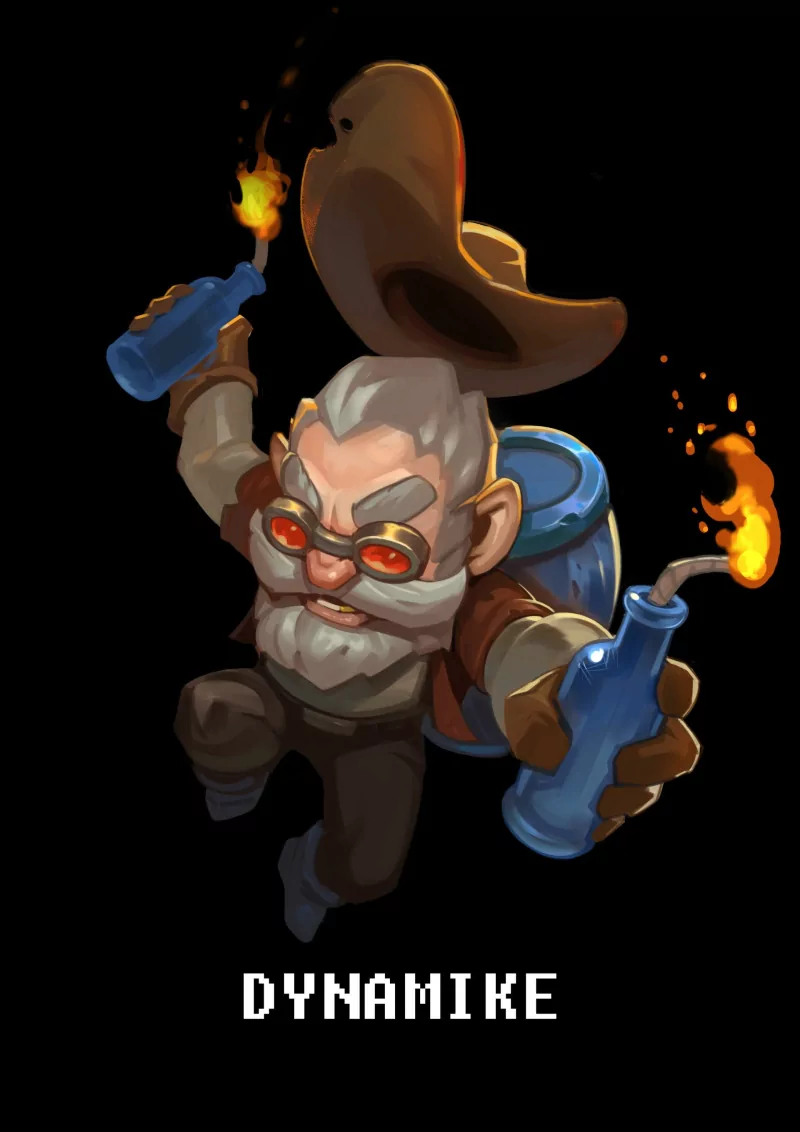 Cartoon character Dynamike from the video game Brawl Stars: an elderly explosives expert with goggles, a wide hat and two lit Molotov-style bottles.