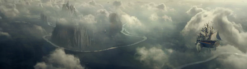 Panoramic sci-fi steampunk scene: a massive ringed floating island hovering in clouds, a brass-clad airship sailing nearby amid mist and distant suspended structures.