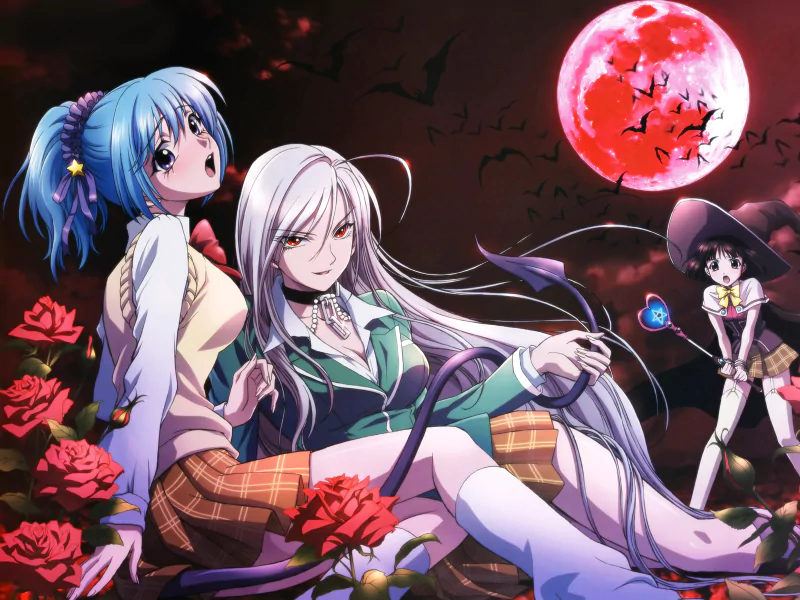 Kurumu Kurono and Moka Akashiya (Rosario + Vampire) pose in school uniforms among roses, with Moka’s long white hair flowing under a blood-red moon and bats silhouetted in the night.