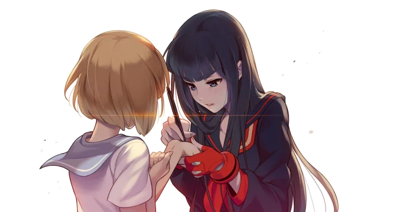 Mako Mankanshoku and Satsuki Kiryūin from the anime Kill La Kill share an intense, close moment with focused expressions and a red thread connecting their hands.