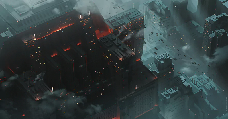 A dark, foggy cyberpunk cityscape at night with illuminated skyscrapers and glowing red accents, capturing a moody sci-fi atmosphere.