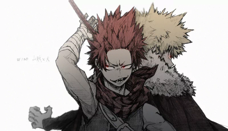 Katsuki Bakugou and Eijiro Kirishima from My Hero Academia stand back-to-back; Bakugou snarls with spiky hair, Kirishima looms with a sword in a gritty sketch style.
