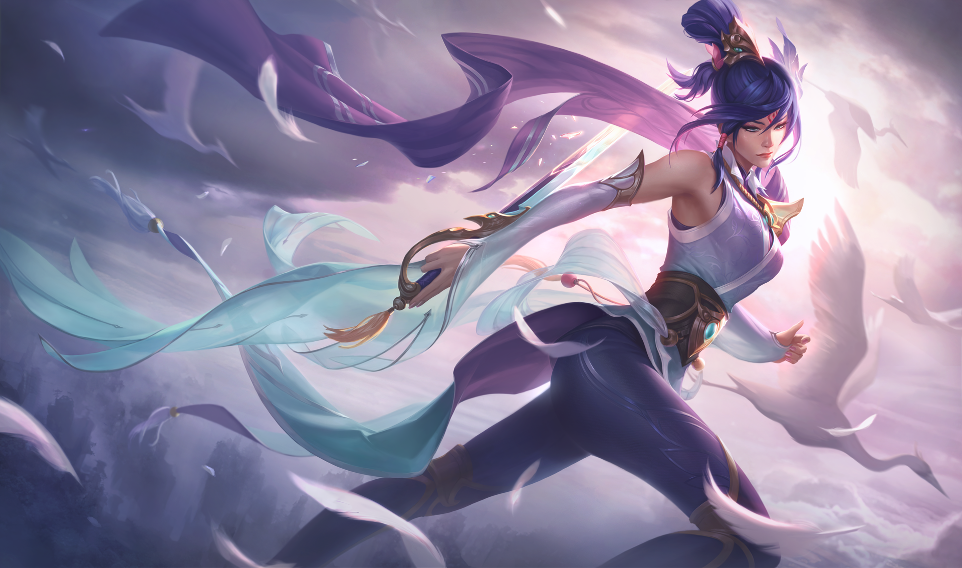 Fiora from League of Legends stands poised in dynamic action, surrounded by flowing fabrics and ethereal birds, showcasing her elegance and strength as a video game character.