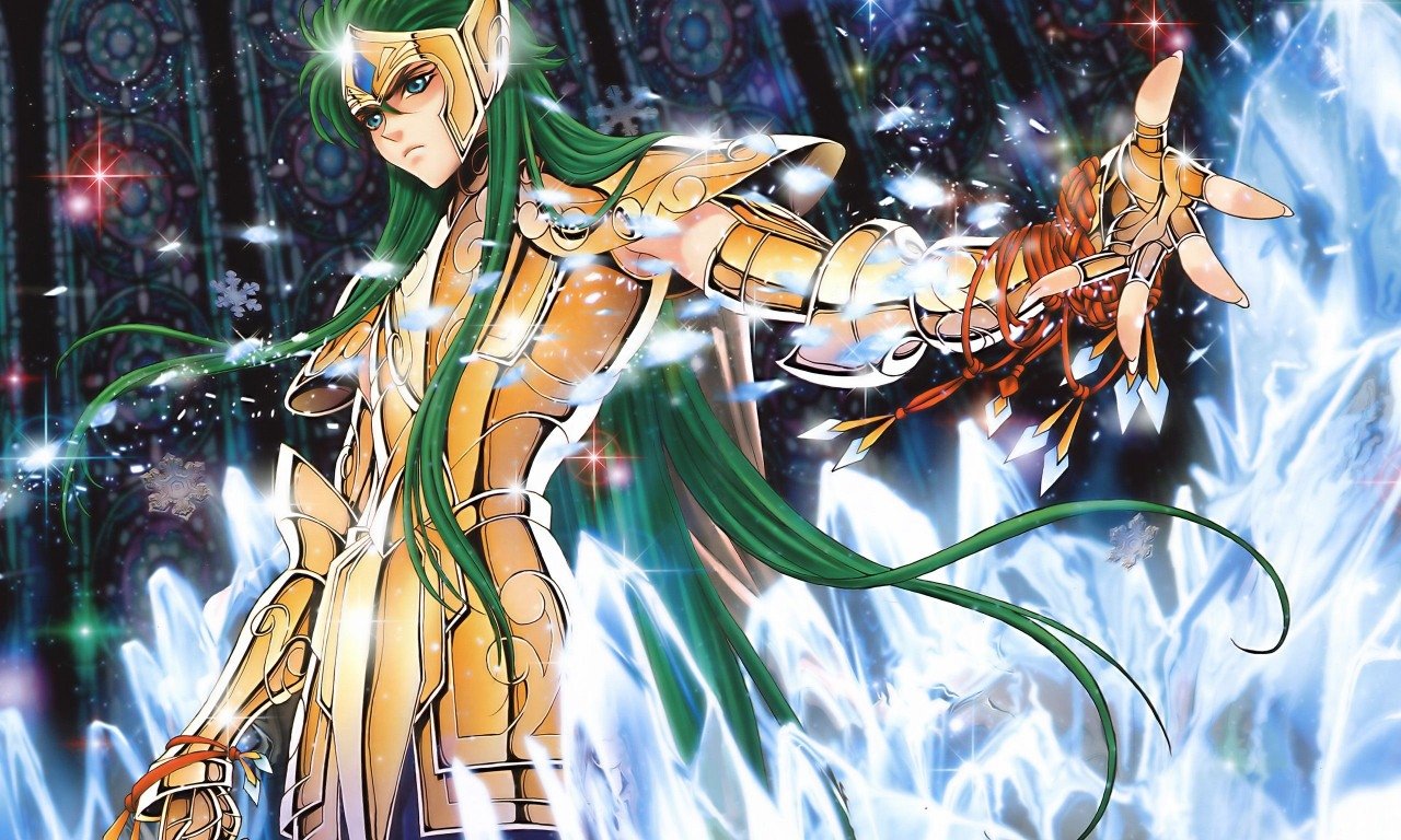 A character from the anime Saint Seiya stands confidently, adorned in gleaming armor, with long green hair and an outstretched arm, surrounded by a magical, crystalline backdrop.