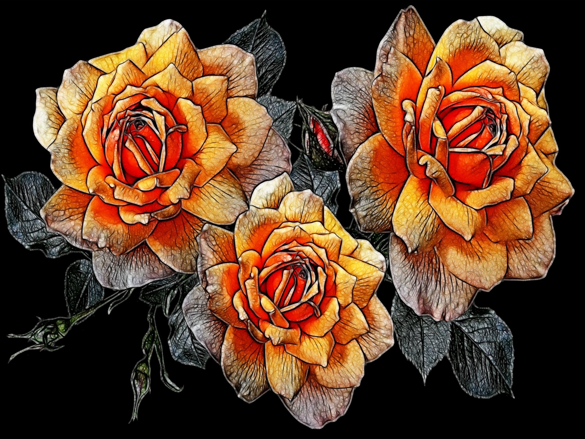 Colorful fractal drawing of three vibrant orange roses with detailed black leaves, blending artistic intricacy and natural beauty.