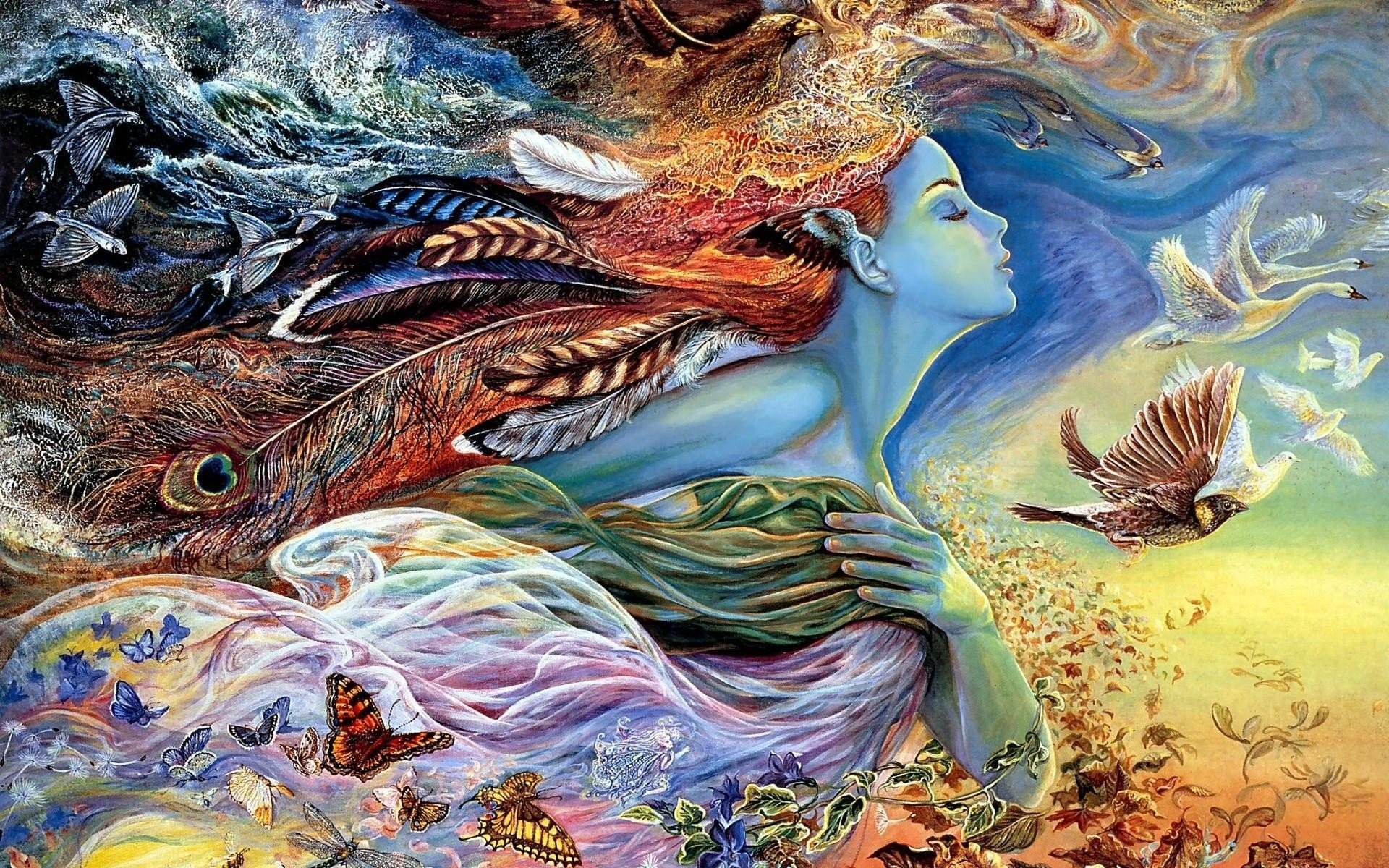 An artistic representation of a woman with flowing garments adorned with butterflies and feathers, surrounded by vibrant birds and swirling colors, evoking a sense of transformation and nature.