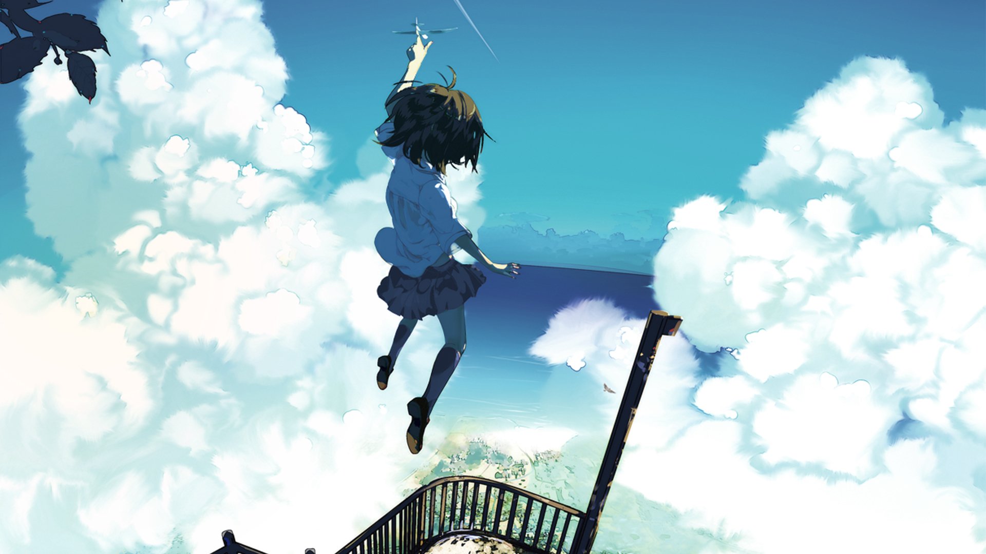 An anime girl with short brown hair leaps off a railing into the sky, wearing socks, a shirt, and a skirt, surrounded by clouds and a distant airplane.