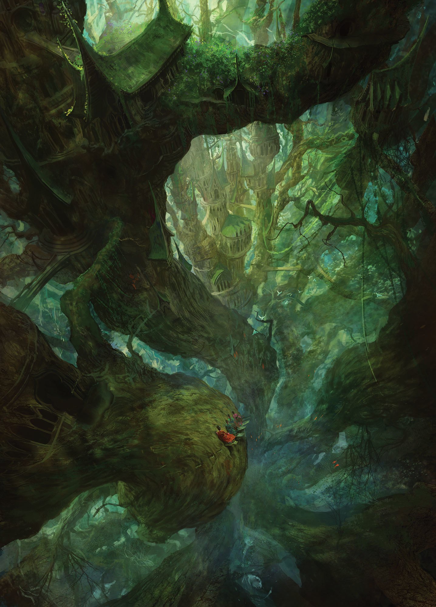 A sprawling fantasy city built within colossal, ancient trees, with intricate wooden structures and bridges blending seamlessly into the dense, magical forest environment.