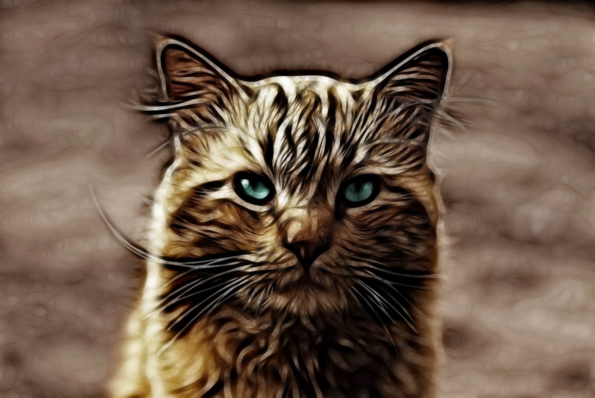 Fractal-inspired animal portrait of a long-haired cat with vivid blue-green eyes and intricate, swirling fur patterns.