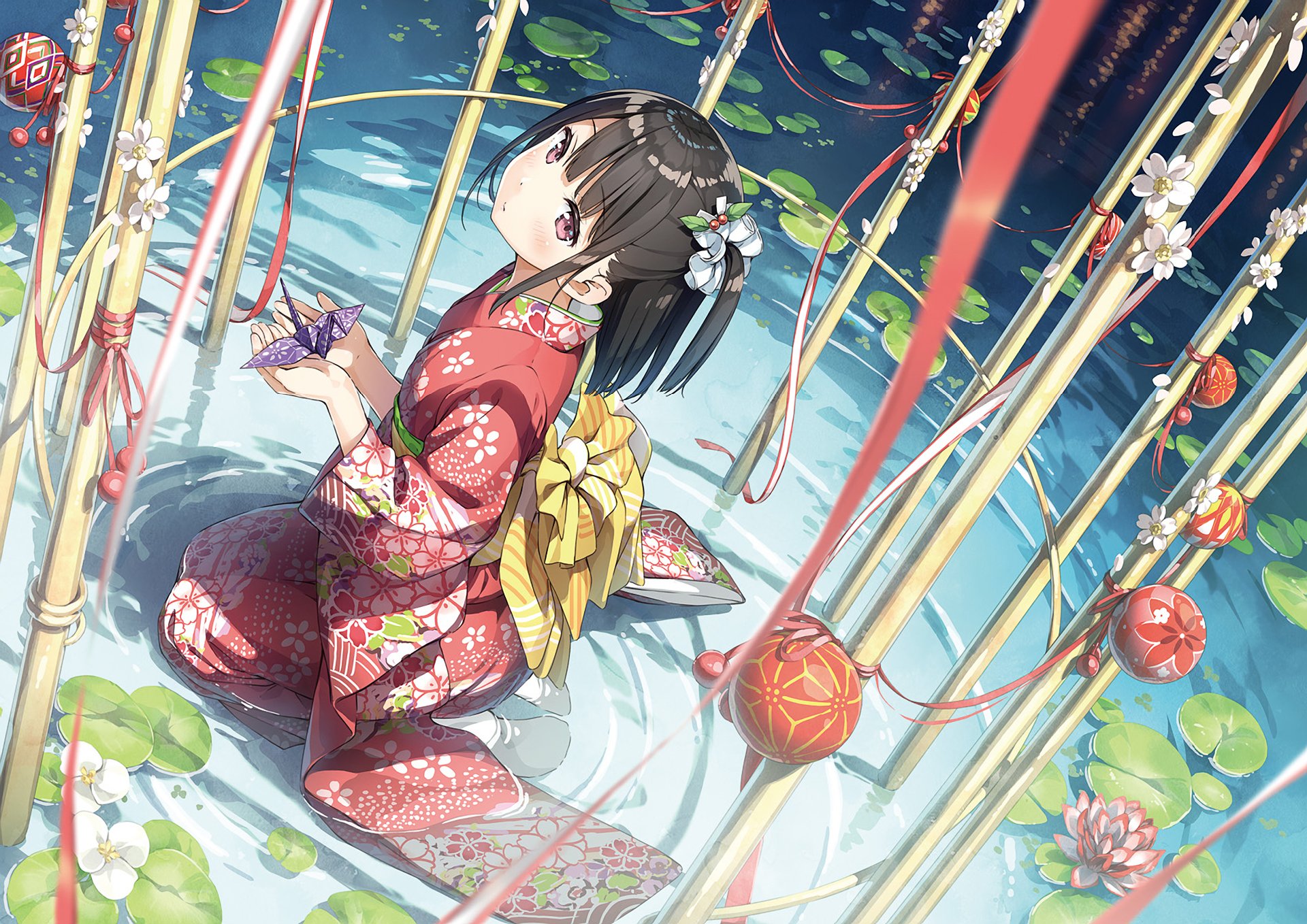 Anime girl from 5 Nenme no Houkago wearing a red kimono, kneeling in water surrounded by floating lanterns and decorative poles.