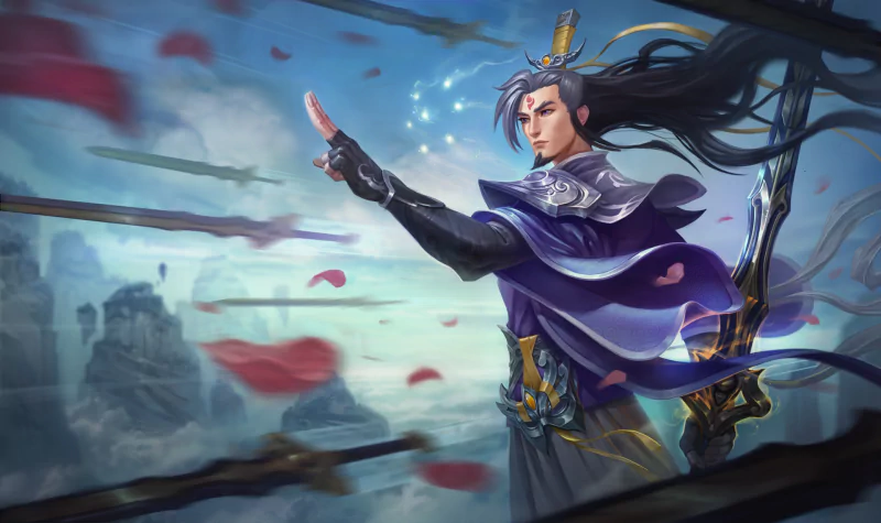 Master Yi from League of Legends stands confidently against a scenic backdrop, wielding his sword. Cherry blossom petals float around him, adding to the dramatic atmosphere of the video game universe.