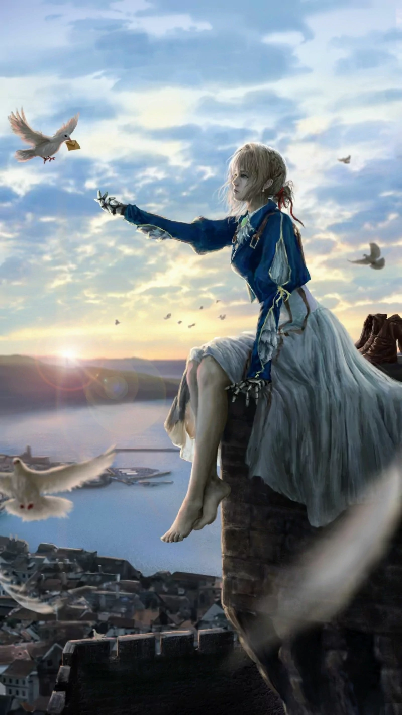 Violet Evergarden from the anime sits on a ledge overlooking a city at sunset, reaching out to a dove carrying a letter among flying birds.