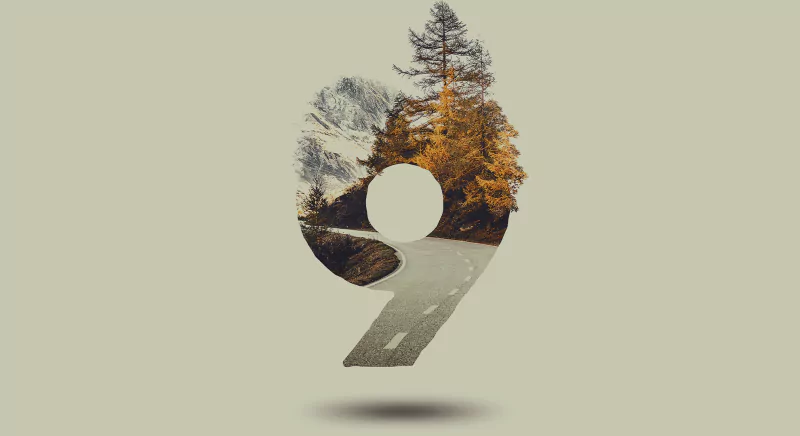 Artistic polyscape design featuring the number nine with a winding road and autumn trees inside the shape on a neutral background.