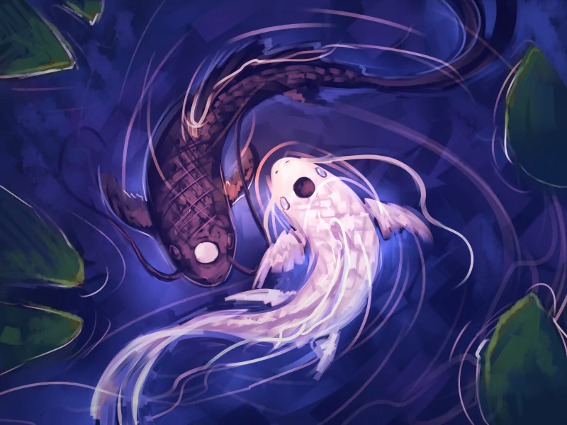 Anime-style Avatar: The Last Airbender–inspired scene of two koi—one dark, one luminous—circling in a yin-yang swirl in deep blue water dotted with lily pads.