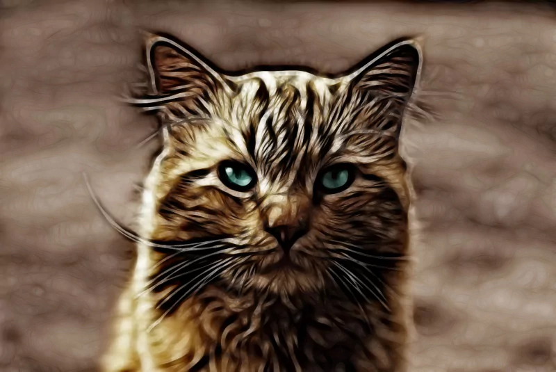 Fractal-inspired animal portrait of a long-haired cat with vivid blue-green eyes and intricate, swirling fur patterns.