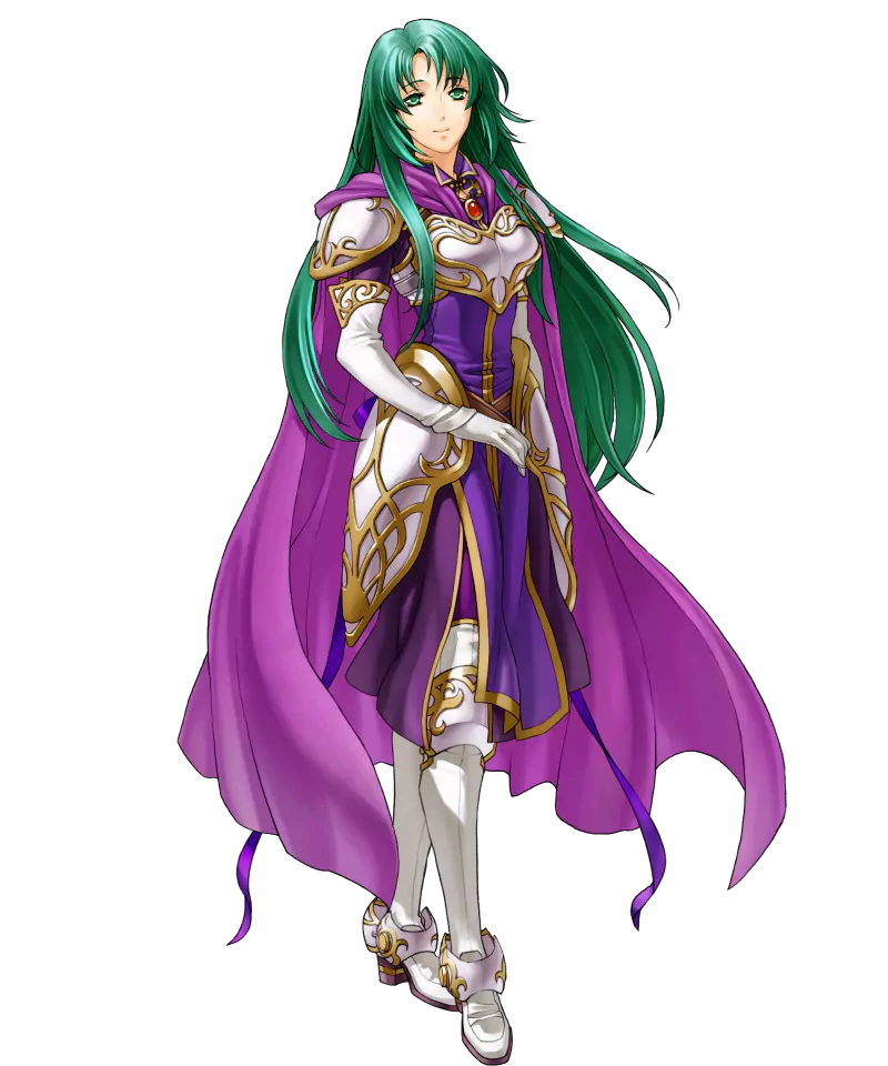 Cecilia (Fire Emblem) from the video game Fire Emblem Heroes — green-haired armored knight in white-and-gold with a purple dress and flowing cape, standing poised.