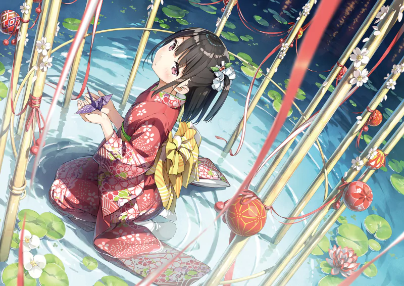 Anime girl from 5 Nenme no Houkago wearing a red kimono, kneeling in water surrounded by floating lanterns and decorative poles.