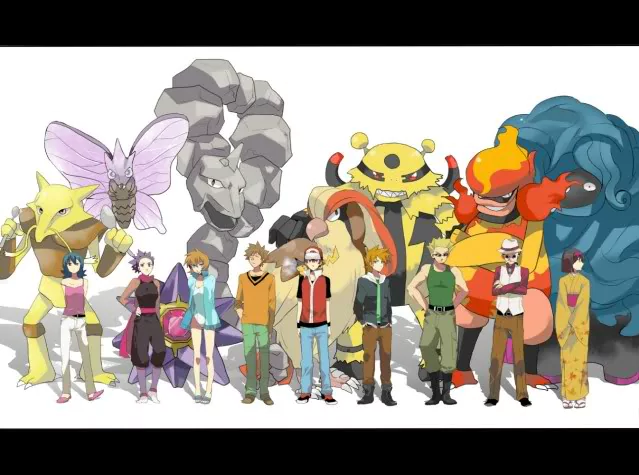 A colorful lineup from Pokémon: HeartGold and SoulSilver features characters Blue, Misty, Brock, and their Pokémon, showcasing a vibrant mix of trainers and creatures.