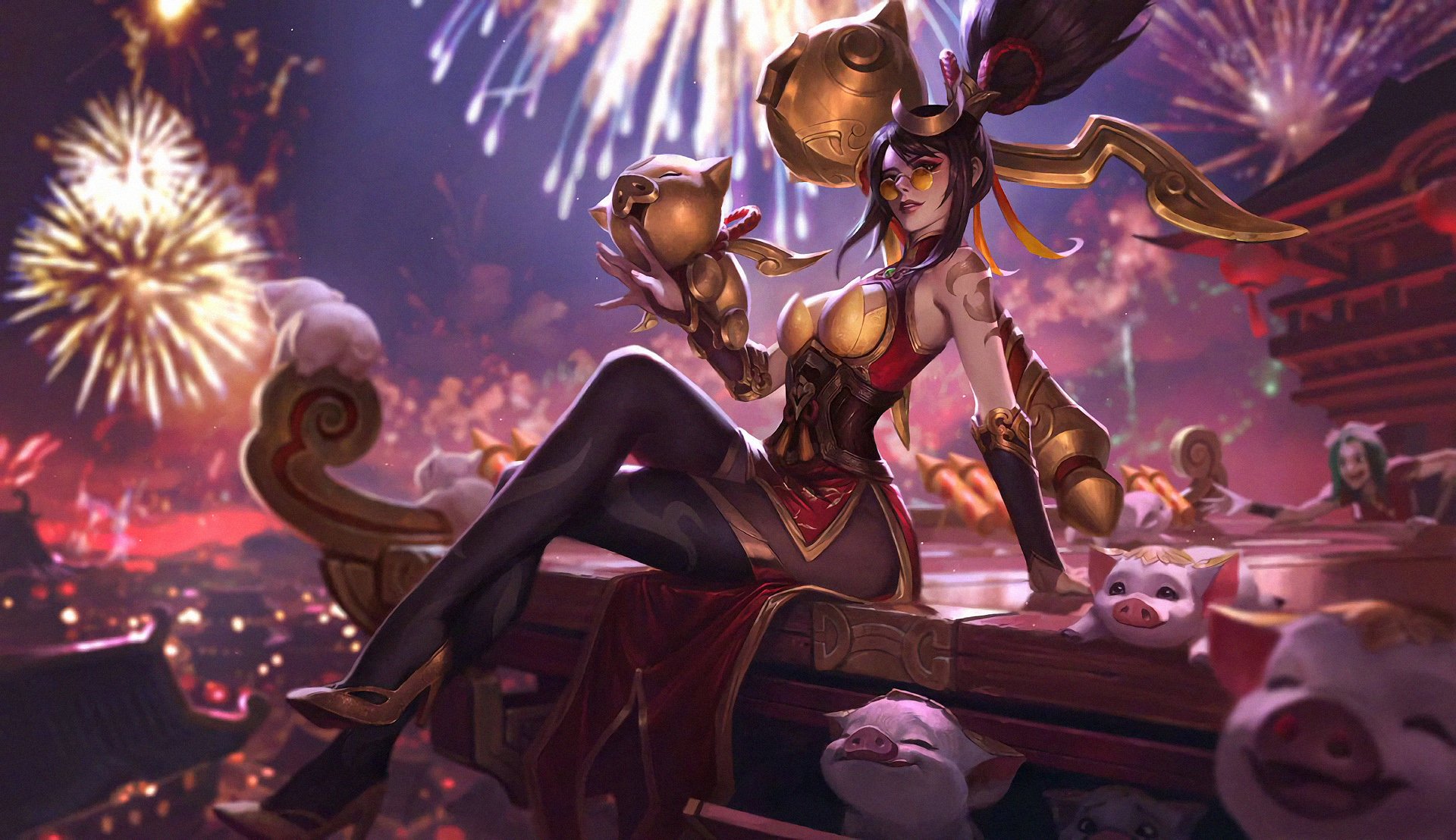 Vayne from League of Legends is depicted celebrating amid festive fireworks, wielding golden weapons and surrounded by playful pig-themed decorations.