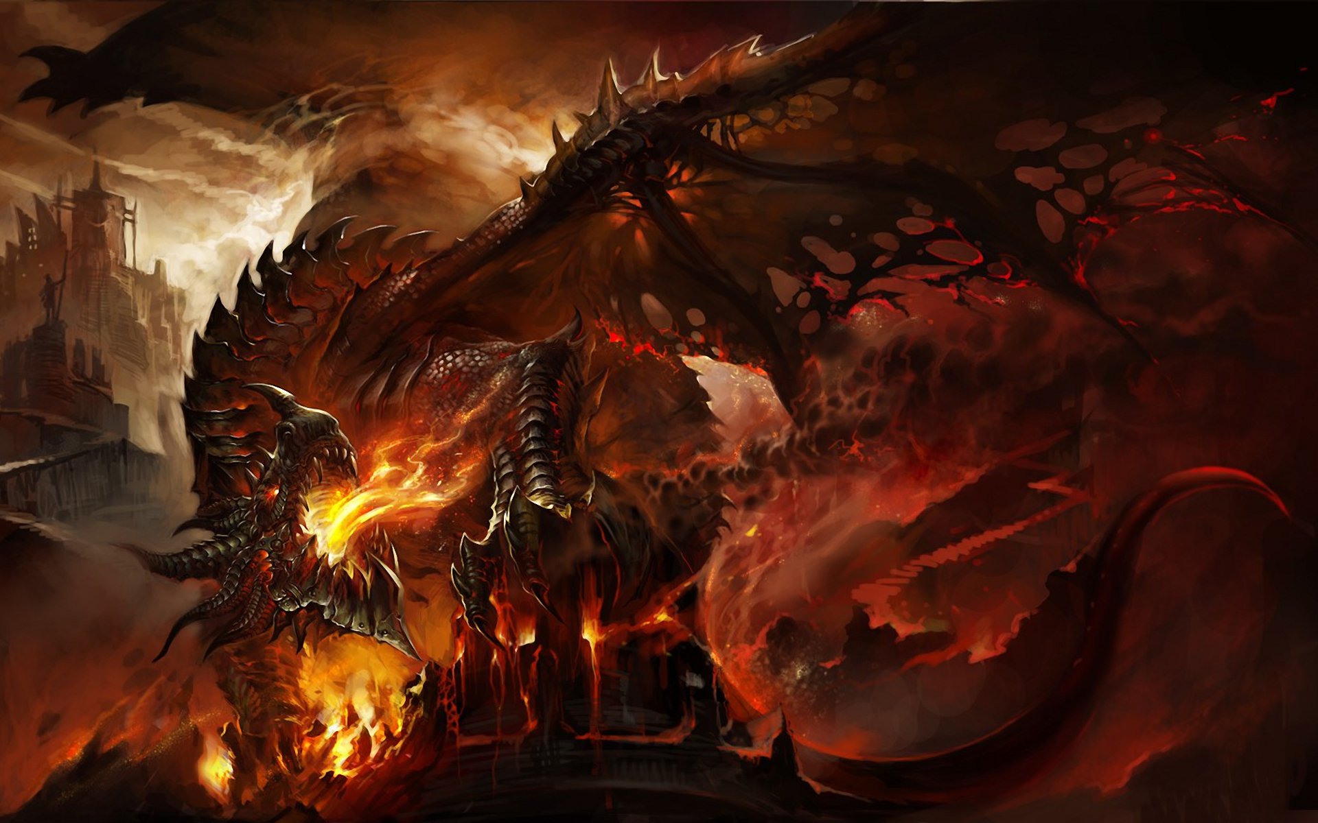An imposing depiction of Deathwing from World of Warcraft, this artwork showcases the fearsome dragon amidst fiery chaos, embodying the game's dark fantasy themes.