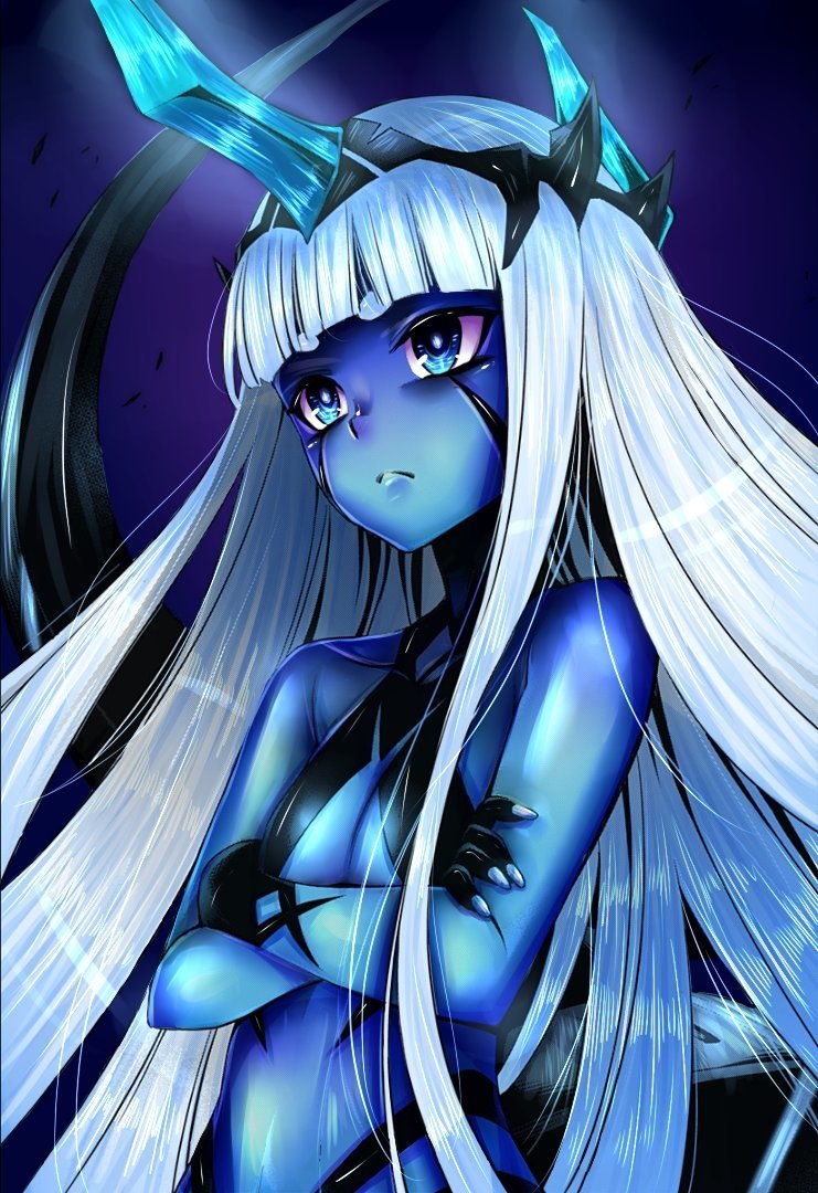 Anime, Darling in the FranXX: blue-skinned, horned girl with long white hair and purple eyes, arms crossed and stern expression against a dark purple backdrop.