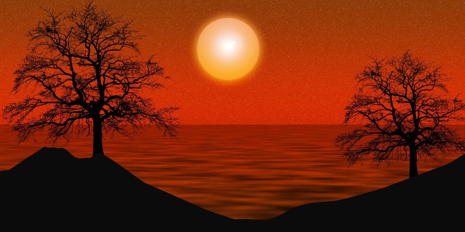 Silhouettes of two trees stand against an artistic orange night sky with a glowing moon over calm sea waters.