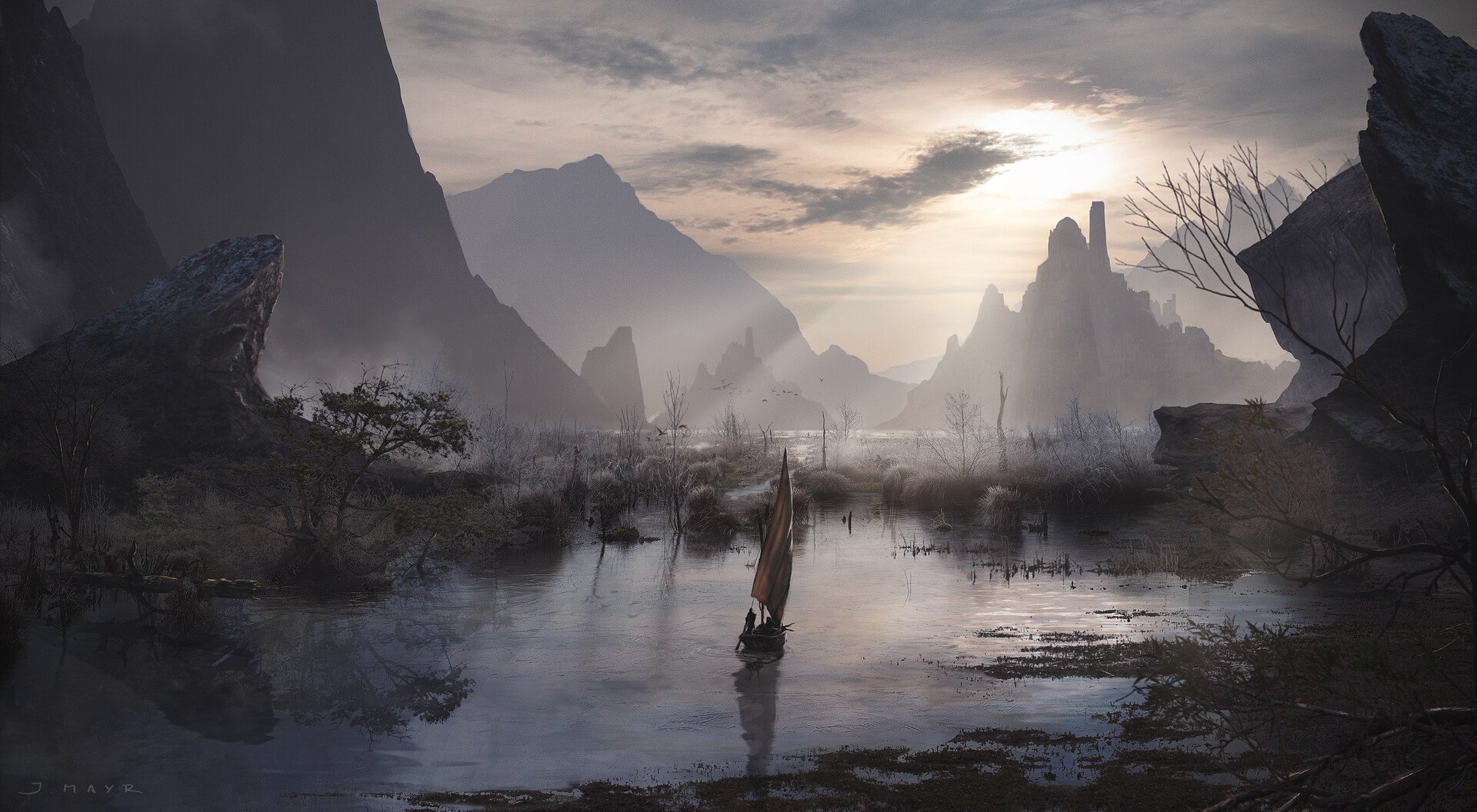 A misty fantasy landscape with towering jagged mountains, still water reflecting the sky, and a solitary figure standing amidst the eerie, dark terrain.