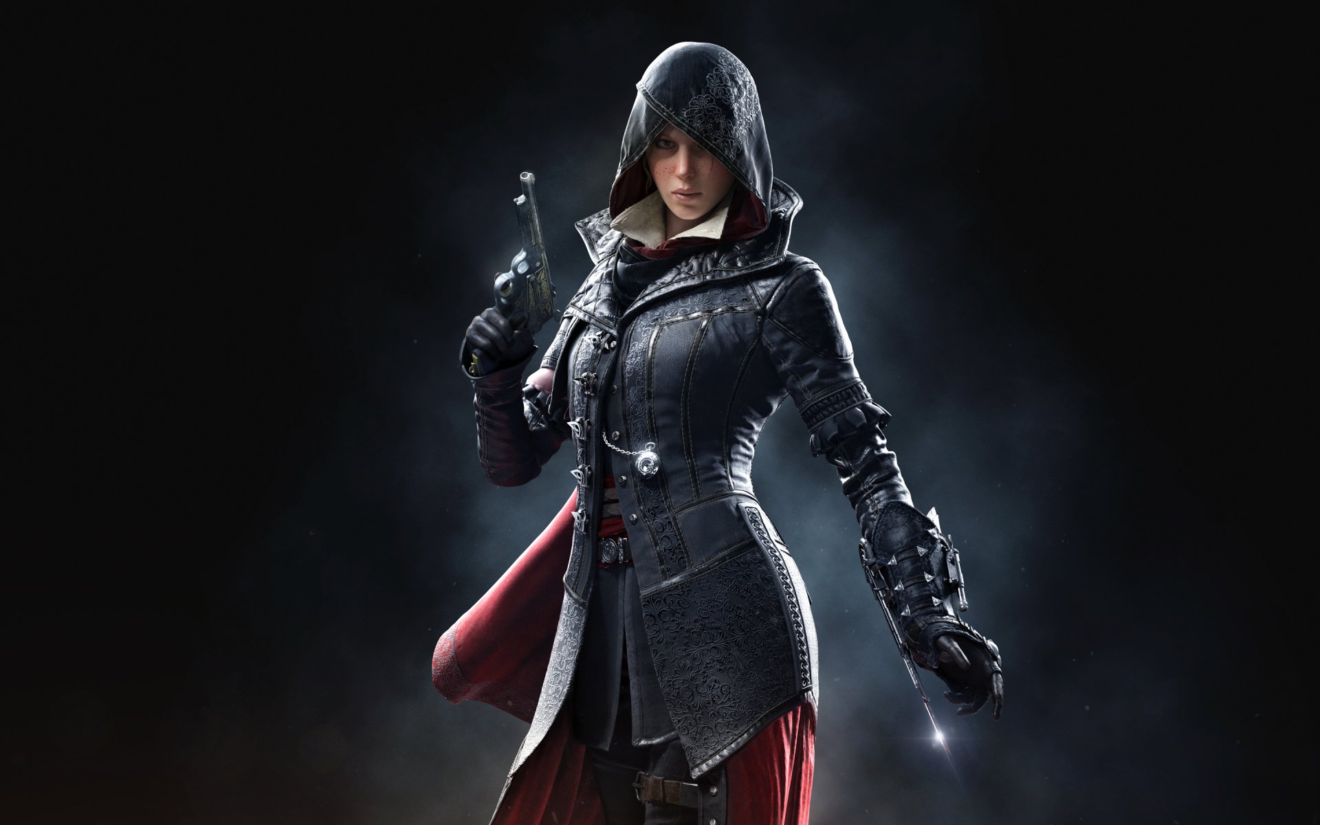 Evie Frye stands confidently, dressed in a dark, detailed coat with a hood, ready for action. This striking depiction is inspired by the video game Assassin's Creed: Syndicate.