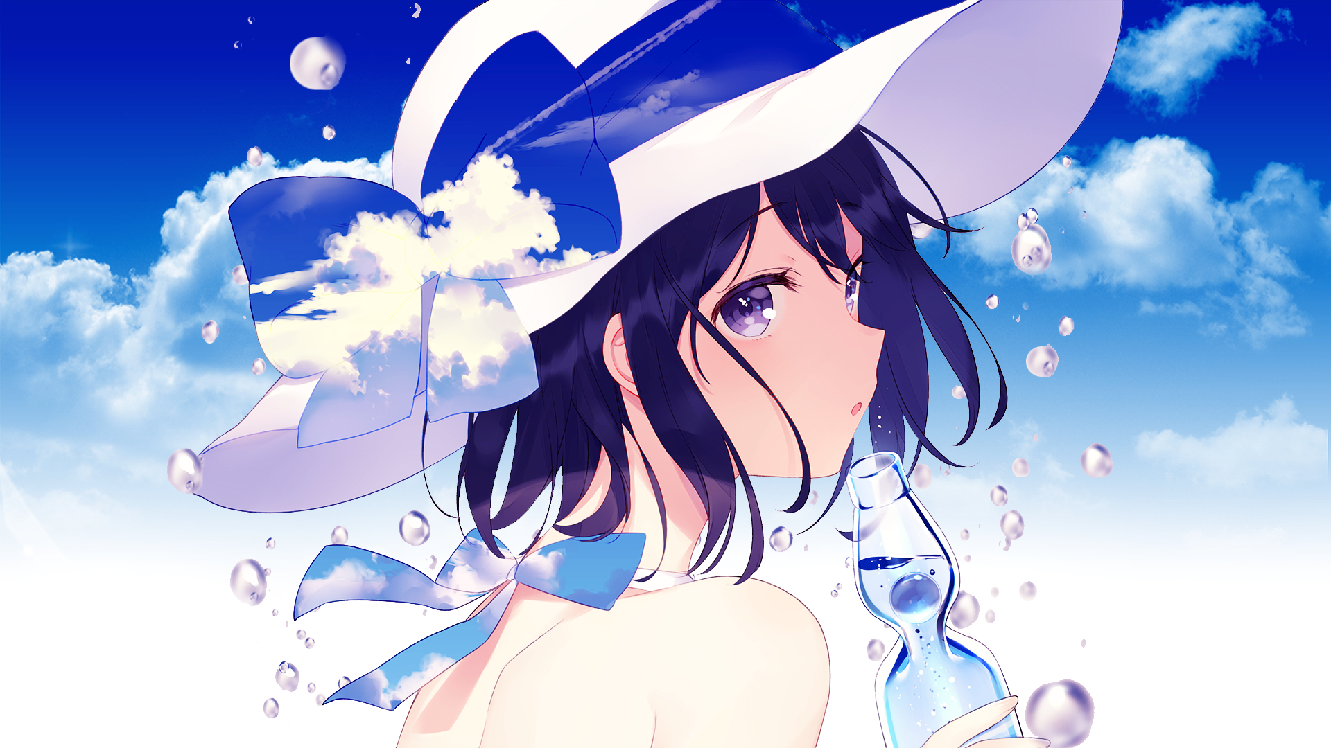 Anime girl with short dark hair wearing a large white hat adorned with a blue ribbon, set against a bright blue sky with fluffy clouds and floating water droplets.