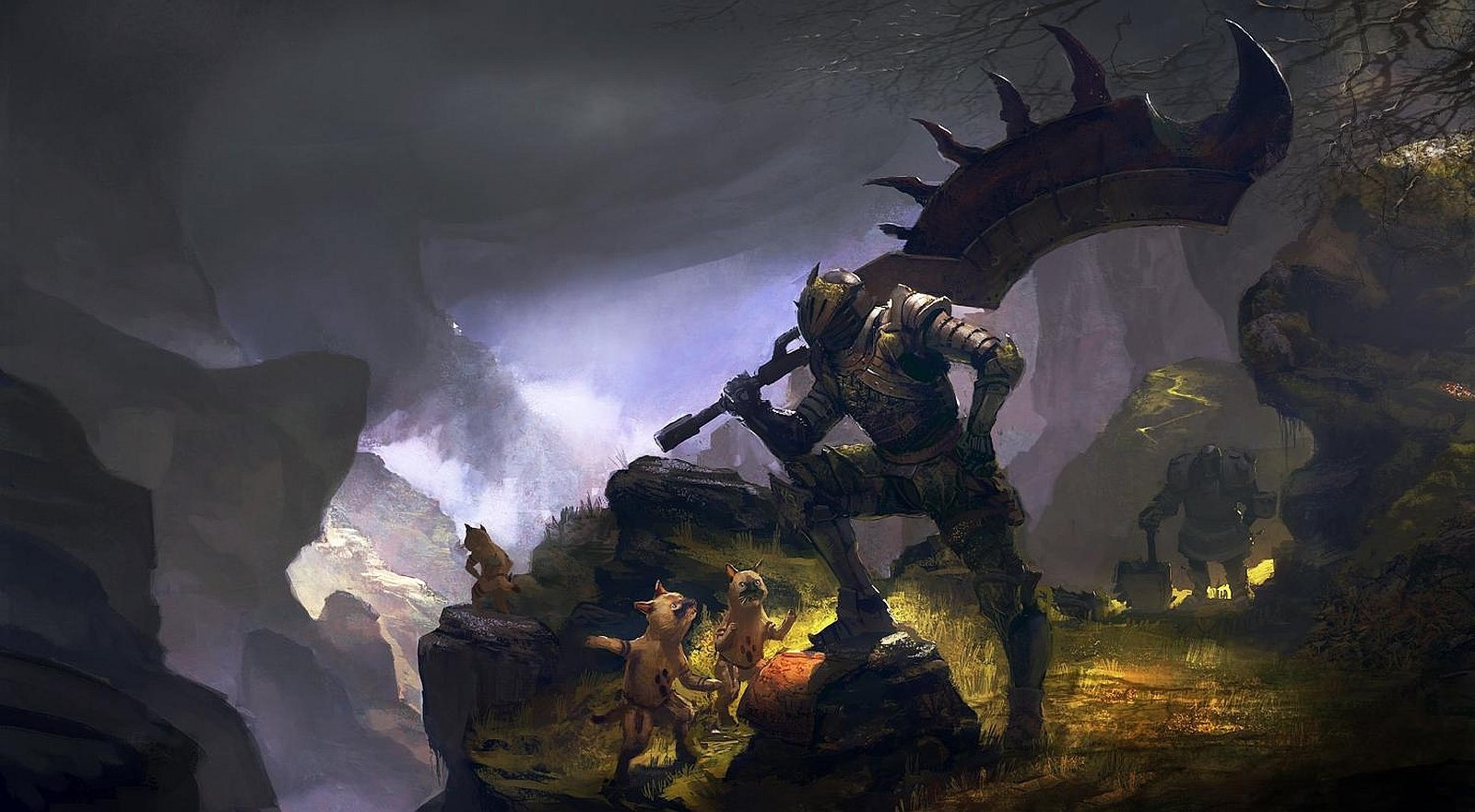 A fantasy warrior clad in dark armor wields a massive, spiked weapon, standing dominant in a shadowy, mystical landscape with eerie glowing figures nearby.