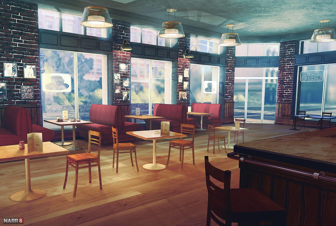 Bright anime-style shop room with wooden floors, red cushioned seating, small tables, large windows, and hanging lamps creating a cozy atmosphere.