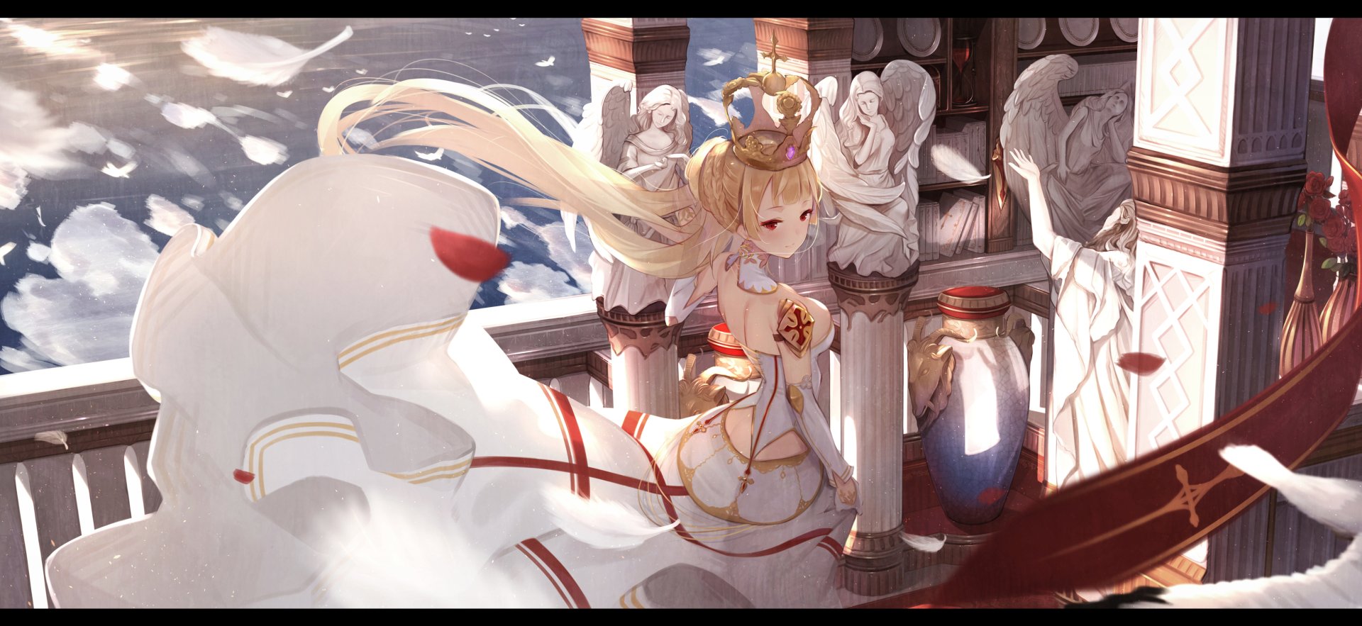 Halo \u0026 Earrings: Blonde Anime Angel in Flowing White Dress, image size:1920x883