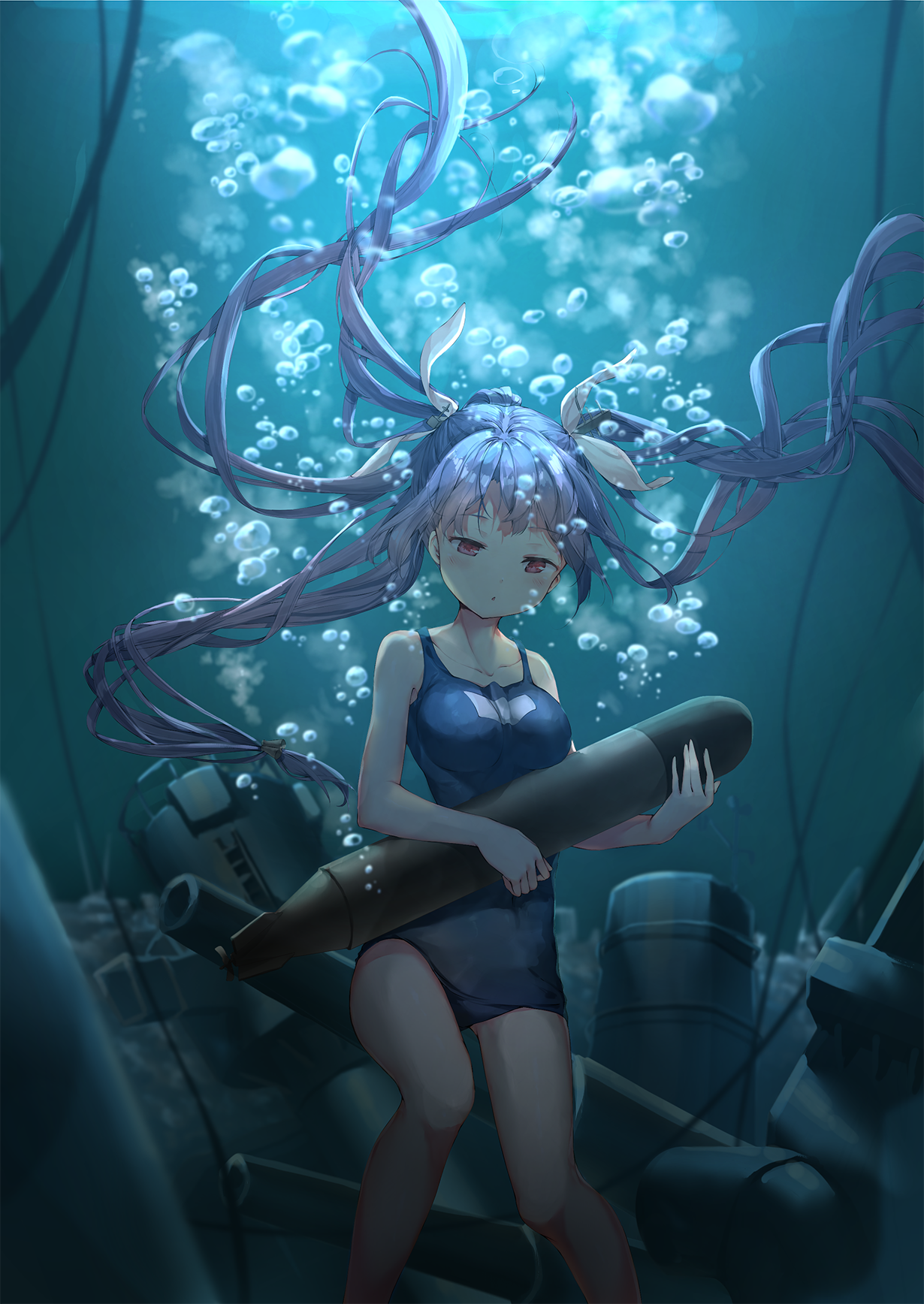 I-19 (Kantai Collection) anime girl in a blue school swimsuit, floating underwater with long purple twin-tails, clutching a torpedo amid bubbles and sunken ship debris.