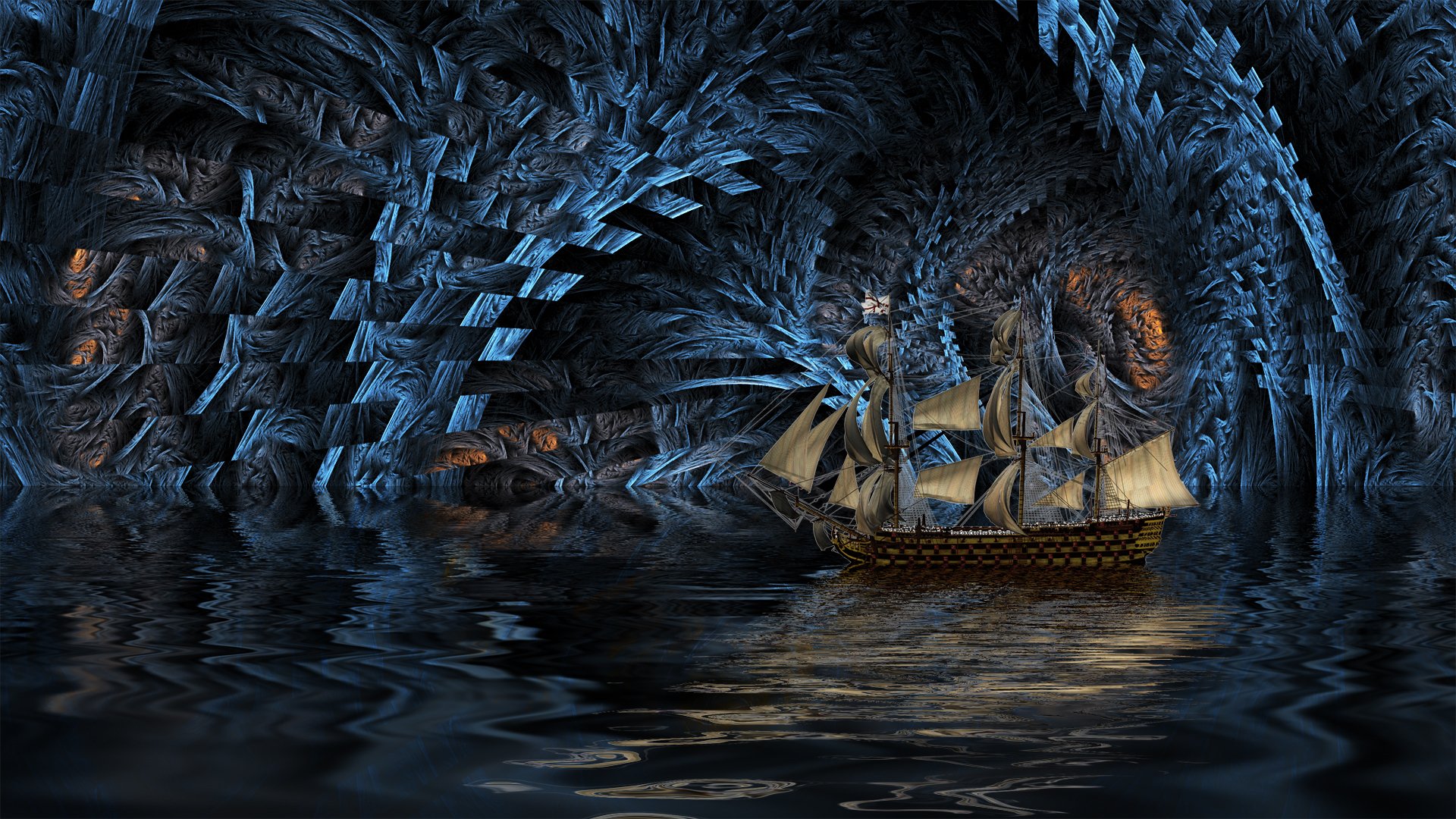 A fantastical sailboat glides through a fractal cavern, surrounded by shimmering blue patterns and reflective water, creating a mesmerizing and imaginative scene.