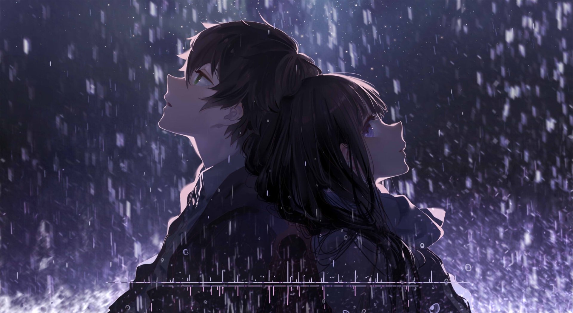 Hōtarō Oreki and Eru Chitanda from the anime Hyouka stand back-to-back in the rain, looking contemplative under a dark, rainy night sky.