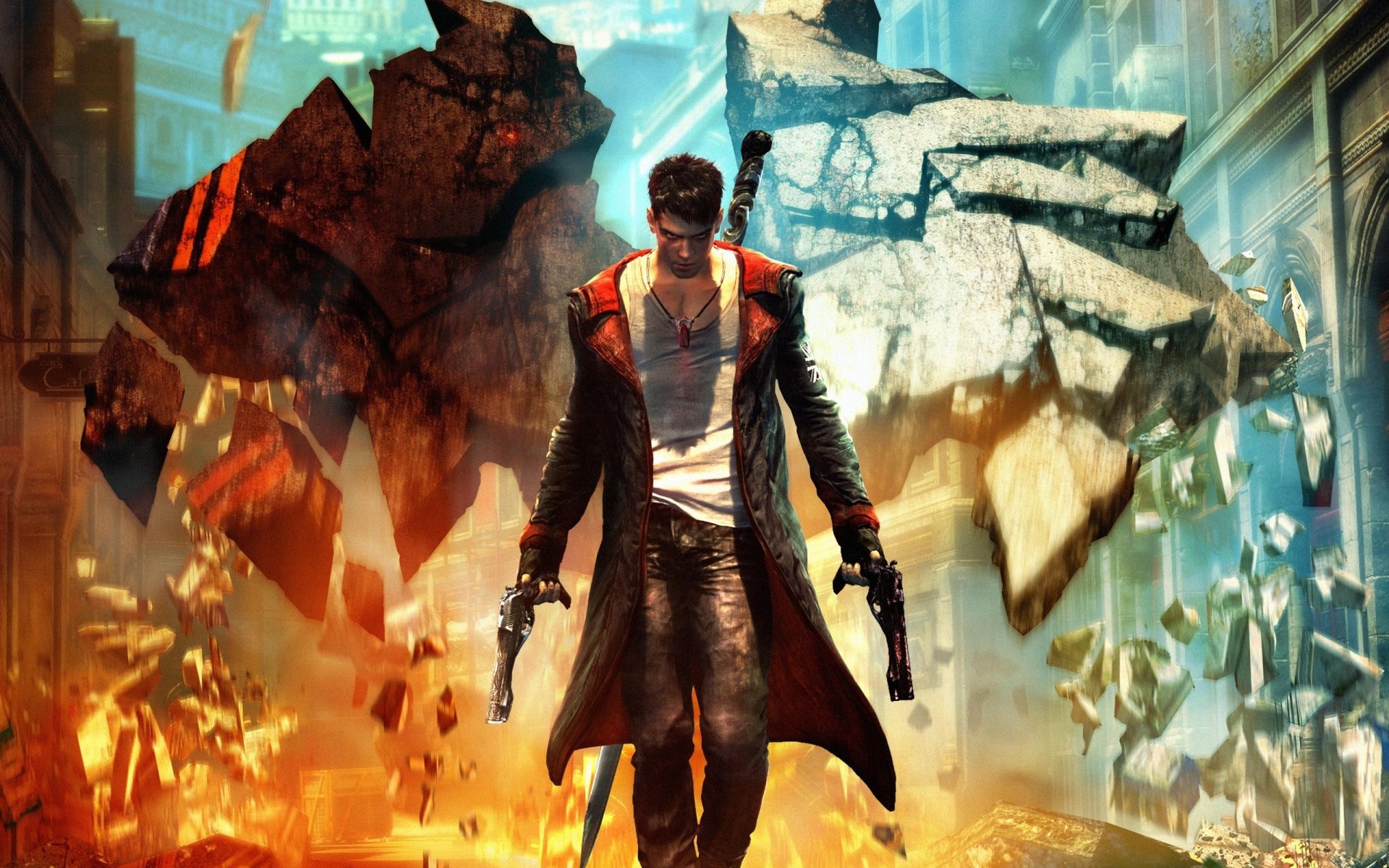 A character from the video game DmC: Devil May Cry walks confidently through a city with debris and ruins floating around him.