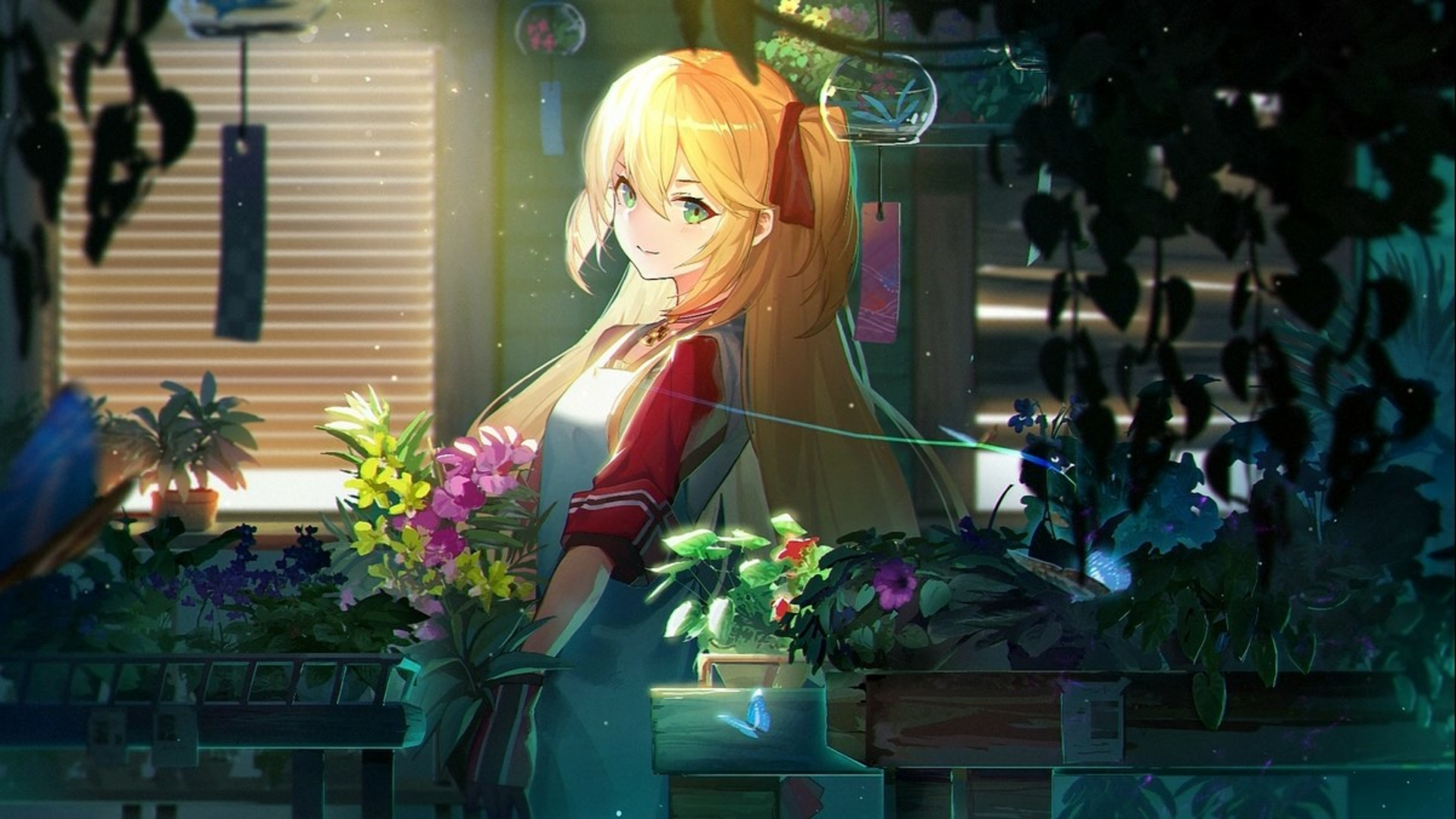 Admiral Hipper (Azur Lane) anime portrait: blonde-haired woman in an apron tending lush greenhouse plants, warm sunlight through blinds, soft smile and tranquil, verdant atmosphere.