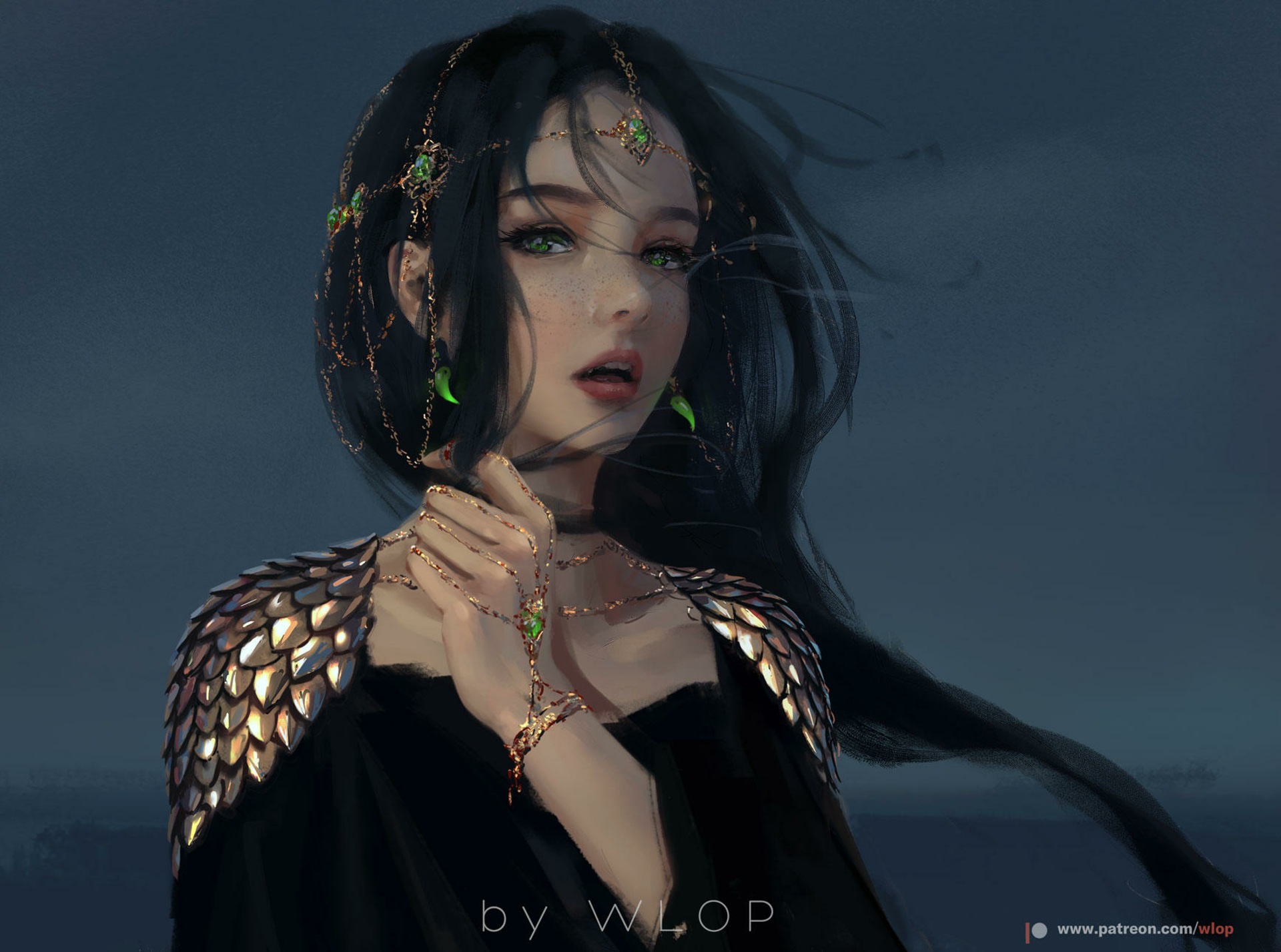 A dark-haired female character from the GhostBlade comic, adorned with intricate jewelry and scale-like shoulder armor, set against a moody, twilight background.