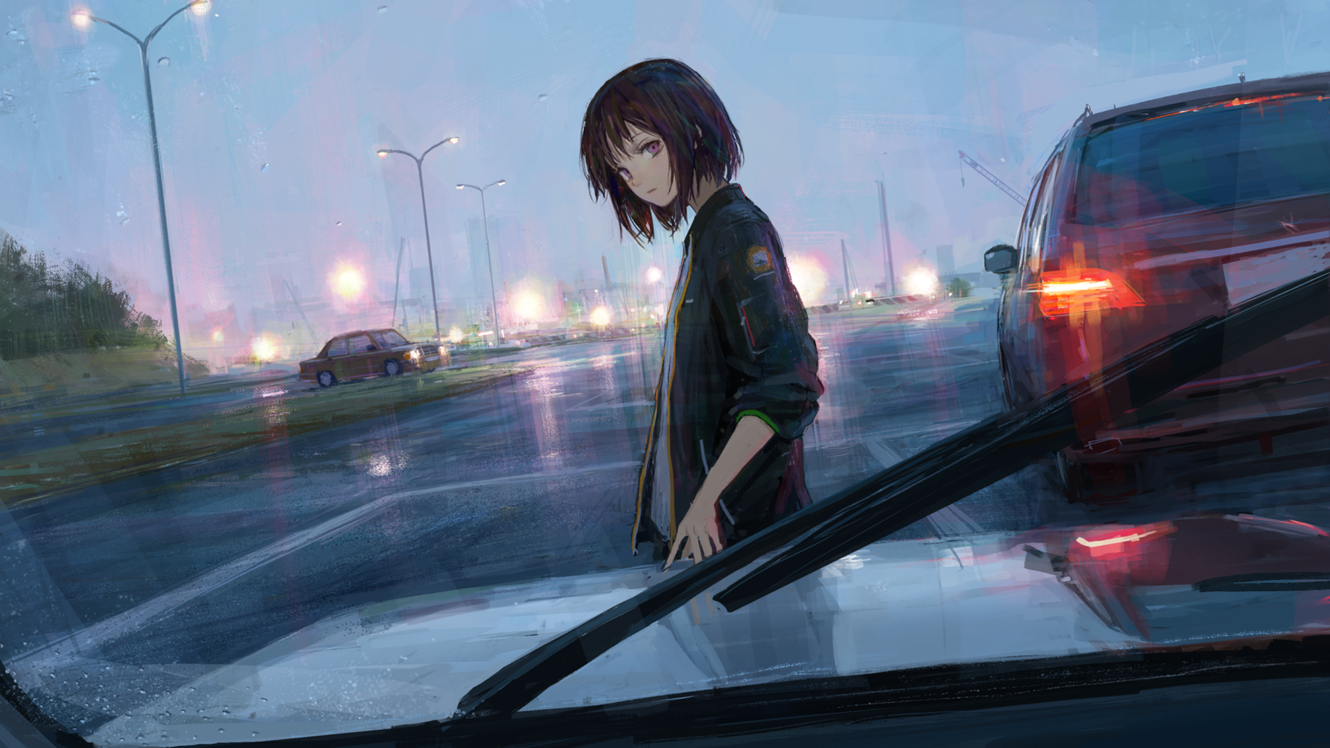 An anime girl stands on a rainy street, glancing back as cars pass by, with streetlights glowing softly in the background, creating a moody and atmospheric scene.