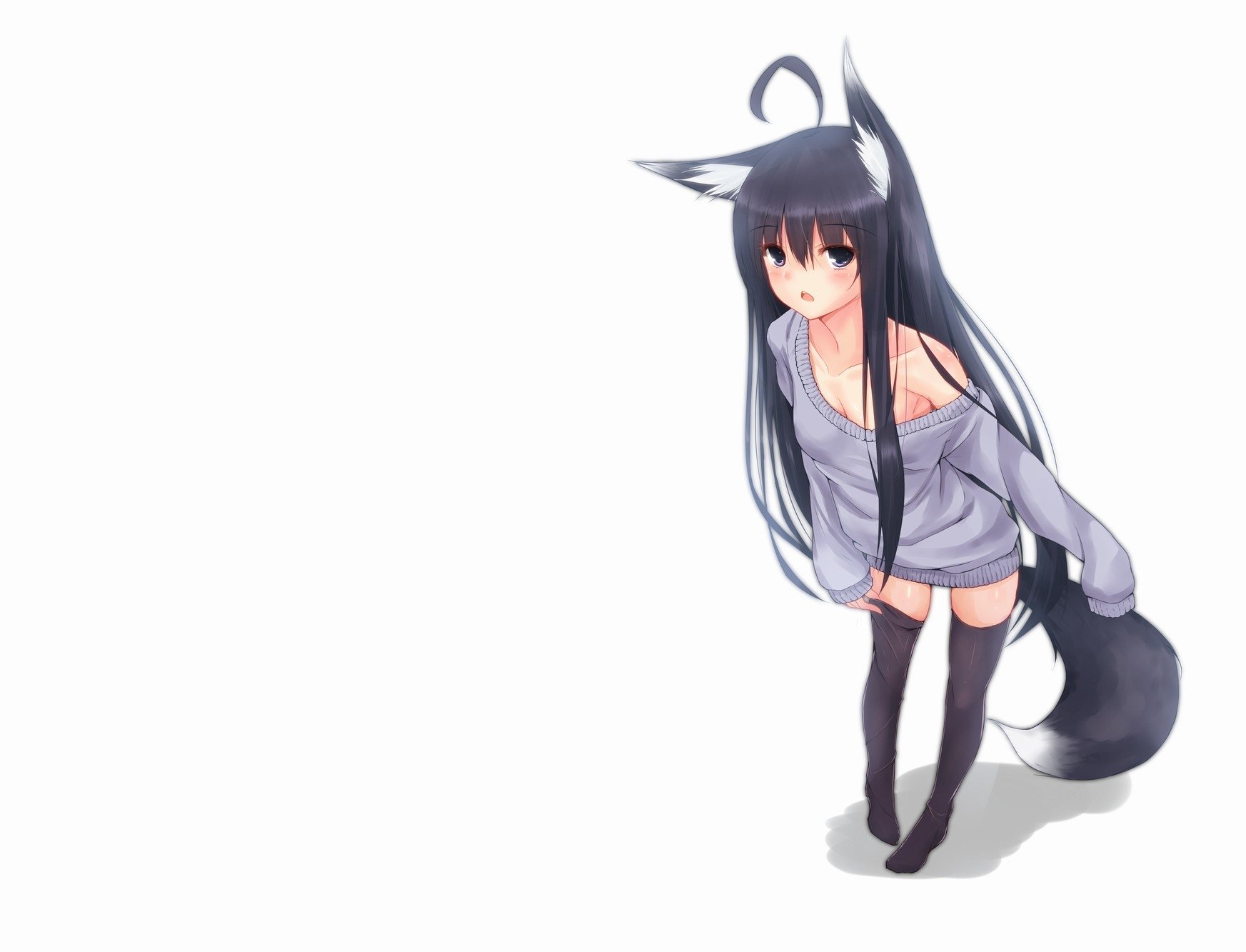 Anime girl with long black hair, cat ears, and tail, wearing an oversized gray sweater and thigh-high socks, standing against a white background.