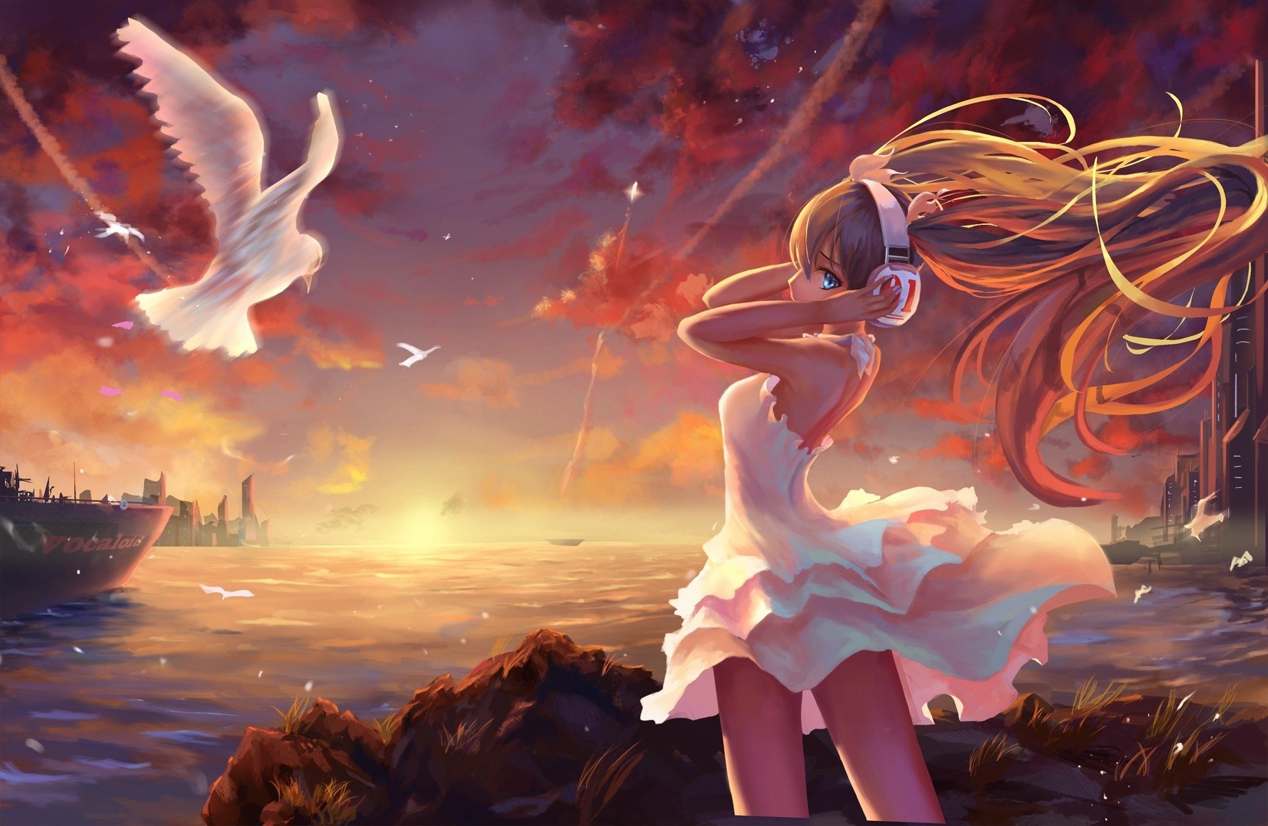 Hatsune Miku Vocaloid anime: Miku in a white dress and headphones stands on a rocky shore at sunset, wind-tossed hair and seagulls over the glowing sea.