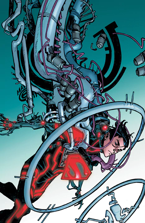 Superboy, depicted with advanced cybernetic enhancements, showcases a blend of human and machine elements, embodying themes from the Superman comic universe.