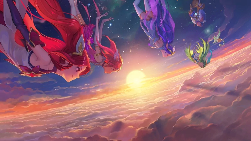 A vibrant illustration featuring the Star Guardians from League of Legends: Lulu, Jinx, Lux, and Janna, soaring through a colorful sky with a glowing sunrise amidst the clouds.