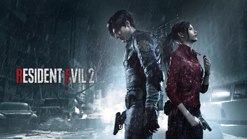 Leon S. Kennedy and Claire Redfield stand back-to-back in the rain, ready for action in Resident Evil 2 (2019), showcasing their determination amidst the chaos.