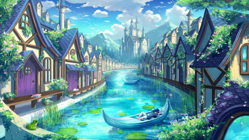 A vibrant fantasy city with colorful houses lining a sparkling canal, where a lone gondola drifts beneath a bright blue sky and distant castle towers majestically.