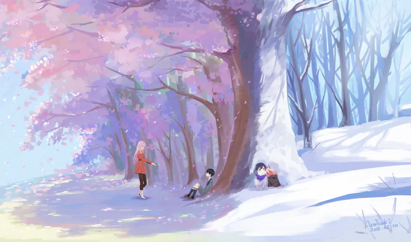 Hiro and Zero Two from Darling in the FranXX share a serene moment beneath a tree, with vibrant spring blossoms on one side and snow-covered winter on the other in this anime scene.