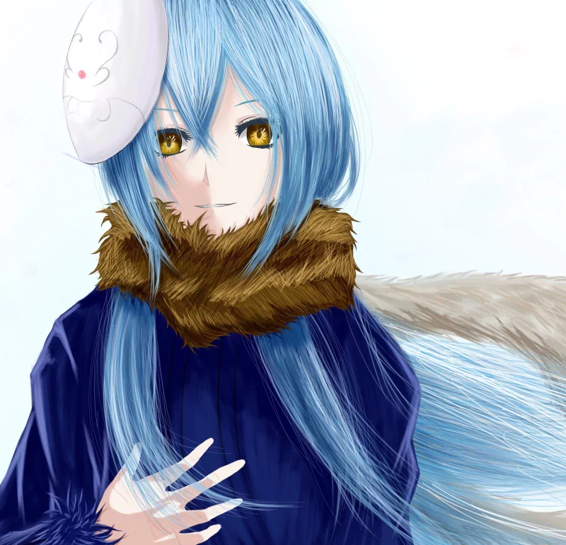 Rimuru Tempest (That Time I Got Reincarnated as a Slime) anime portrait: blue hair, golden eyes, fur-lined cloak, and a fox mask tilted to the side, hair flowing.
